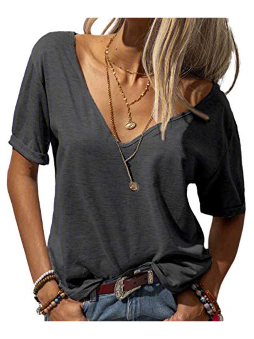 Women Deep V-Neck Short Sleeve Loose Fit Casual T-Shirt Polyester Rayon Spandex